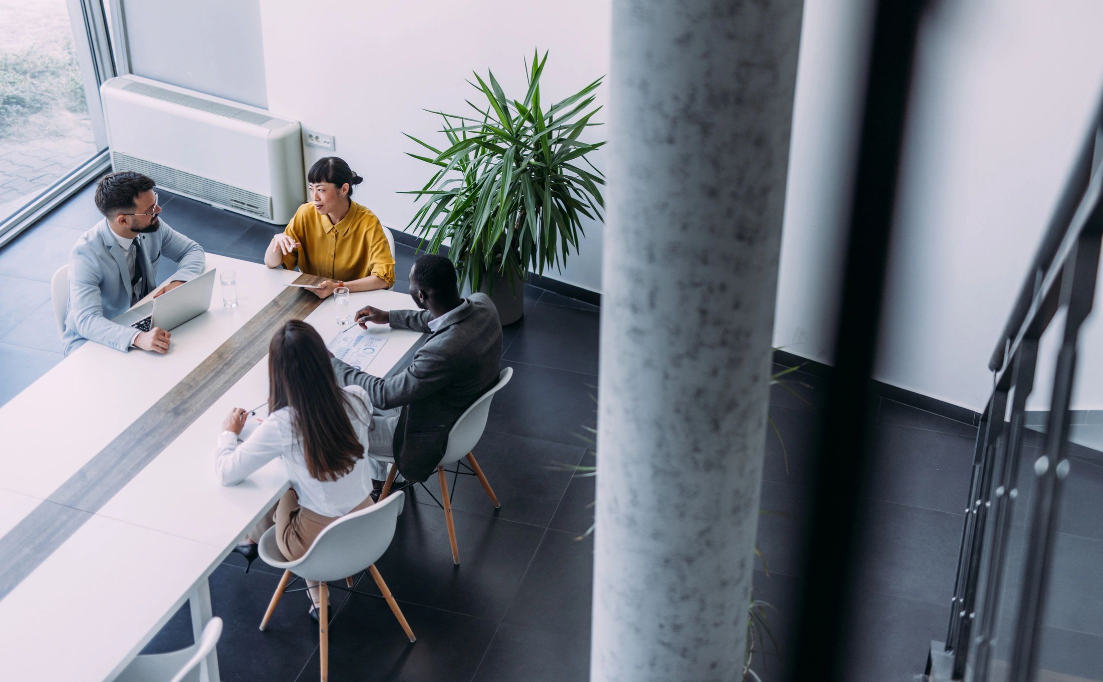 Diverse team collaborating in a modern office